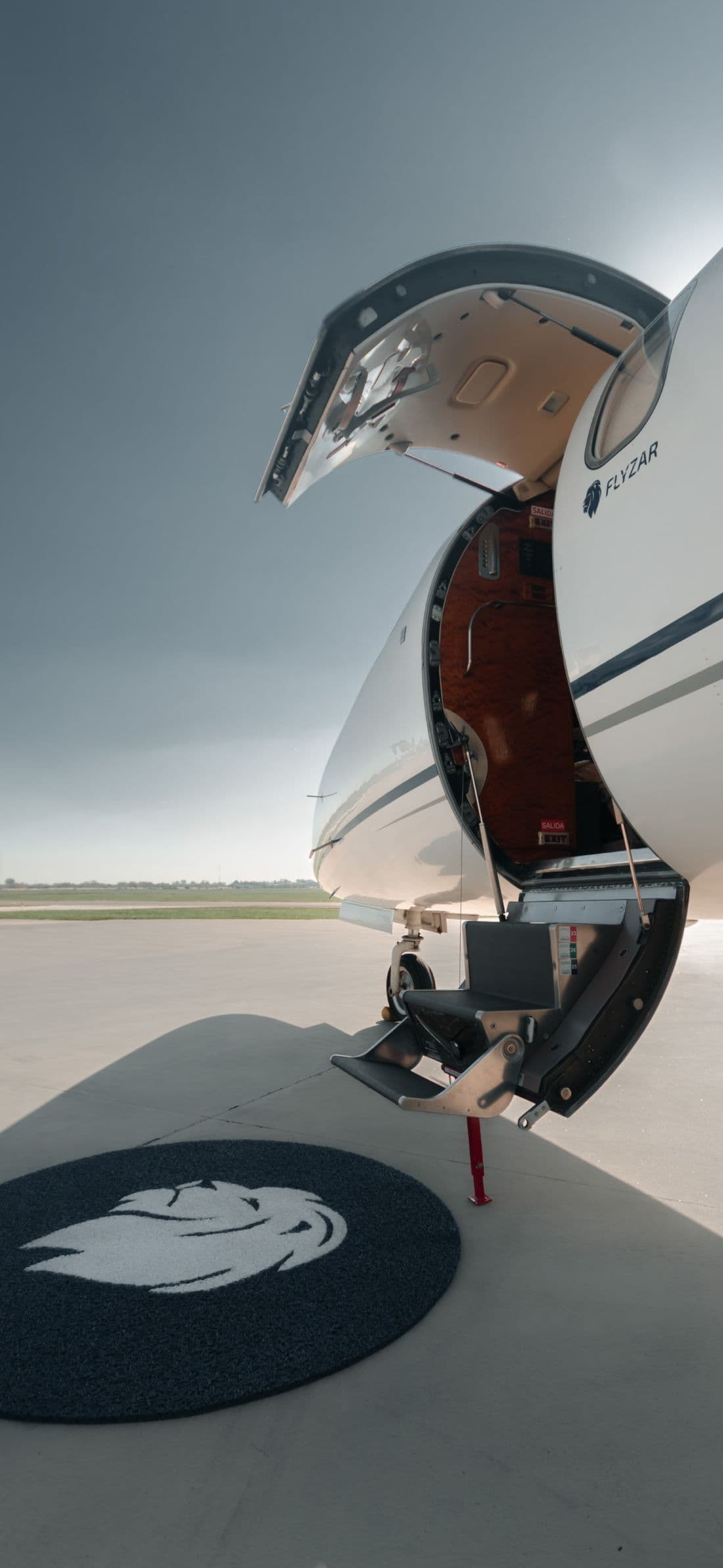 Puerta abierta de un jet privado sobre la alfombra con el león de Flyzar