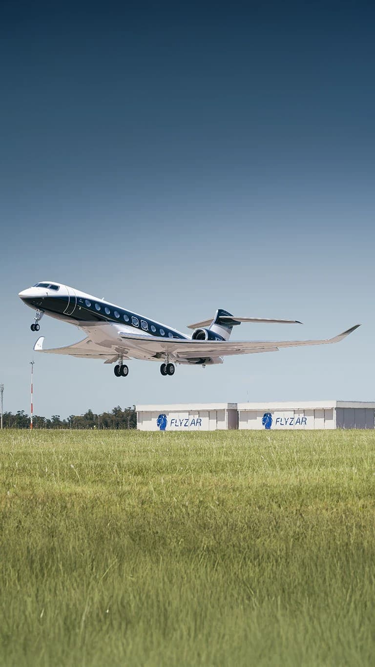 Jet privado despegando sobre el pasto del aeródromo